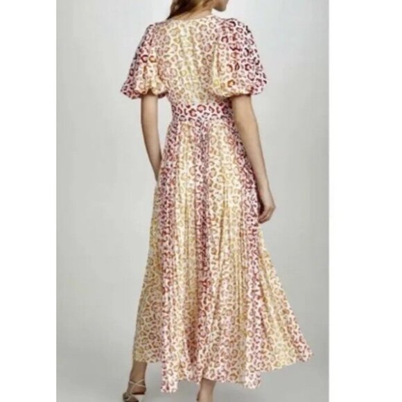 Rococo Sand Sz S Maxi Dress Avana Leopard Print Pleated Puff Sleeve Vneck - Picture 3 of 13